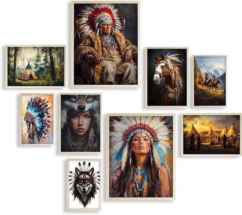 Eastern Print Native American Wall Art, Set Of 9 Pcs Unframed Posters, Native American Tribal Artwork, Indigenous Indian Pictures, America Indian Decor for Bedroom, Livingroom, UNFRAMED in Saudi Arabia