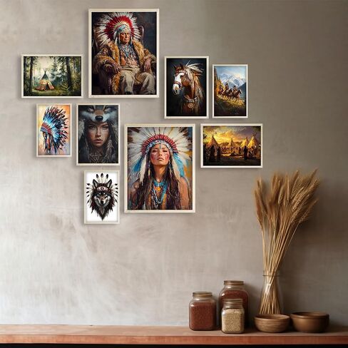 Eastern Print Native American Wall Art, Set Of 9 Pcs Unframed Posters, Native American Tribal Artwork, Indigenous Indian Pictures, America Indian Decor for Bedroom, Livingroom, UNFRAMED in Saudi Arabia