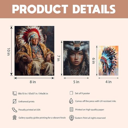 Eastern Print Native American Wall Art, Set Of 9 Pcs Unframed Posters, Native American Tribal Artwork, Indigenous Indian Pictures, America Indian Decor for Bedroom, Livingroom, UNFRAMED in Saudi Arabia