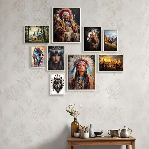 Eastern Print Native American Wall Art, Set Of 9 Pcs Unframed Posters, Native American Tribal Artwork, Indigenous Indian Pictures, America Indian Decor for Bedroom, Livingroom, UNFRAMED in Saudi Arabia