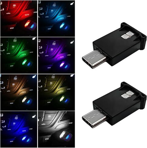 2PCS USB Type C LED Ambient Light, 8 Colors RGB Dynamic Atmosphere Lamp Car Interior Decor USB Night Light, Adjustable Bright Plug-in Mini Ambient Lighting Kit for Car Laptop in Kuwait
