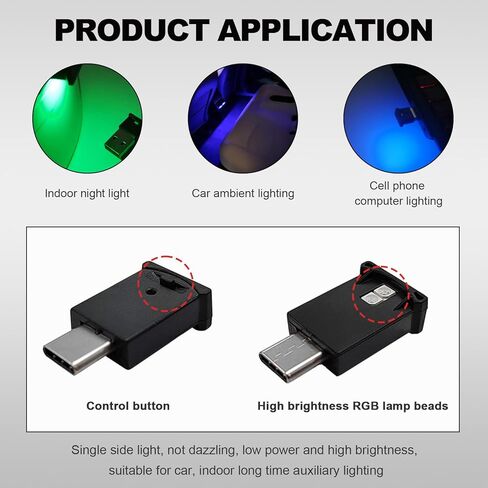 2PCS USB Type C LED Ambient Light, 8 Colors RGB Dynamic Atmosphere Lamp Car Interior Decor USB Night Light, Adjustable Bright Plug-in Mini Ambient Lighting Kit for Car Laptop in Saudi Arabia