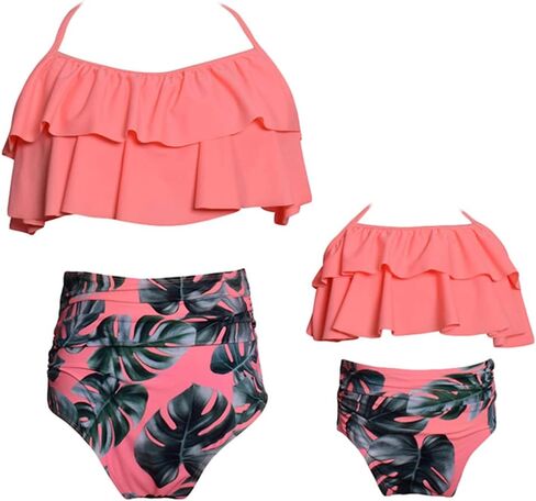 OMZIN Mommy and Me Halter Ruffle Swimsuit Leaf Print High Waisted Adjustable Straps Family Matching Bikini Set in Kuwait