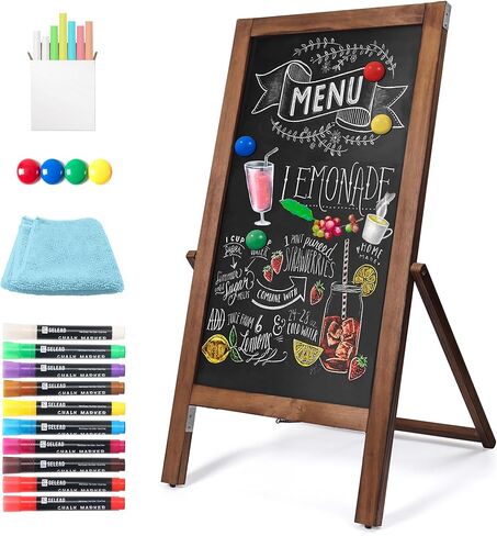 SELEAD Solid Wood Frame Chalkboard with Stand - 40" x 20" Magnetic Double Sided Sandwich Board Signs Outdoor Chalk Board Easel Pizarra for Menu, Business, Wedding - Rustic Brown in Kuwait