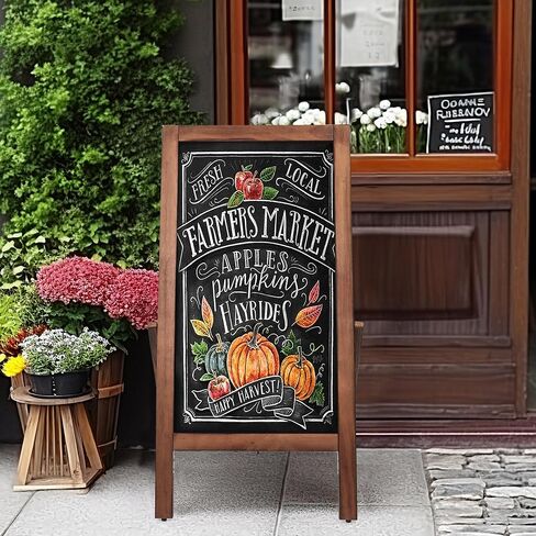 SELEAD Solid Wood Frame Chalkboard with Stand - 40" x 20" Magnetic Double Sided Sandwich Board Signs Outdoor Chalk Board Easel Pizarra for Menu, Business, Wedding - Rustic Brown in Kuwait