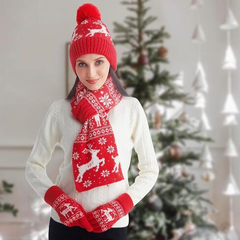 مجموعة قفازات ووشاح وقبعة مكونة من 3 قطع للنساء والرجال، مجموعة قفازات شتوية ناعمة متماسكة لعيد الميلاد وقبعة لتدفئة الرقبة in Kuwait