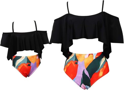 OMZIN Mommy and Me Halter Ruffle Swimsuit Leaf Print High Waisted Adjustable Straps Family Matching Bikini Set in Saudi Arabia