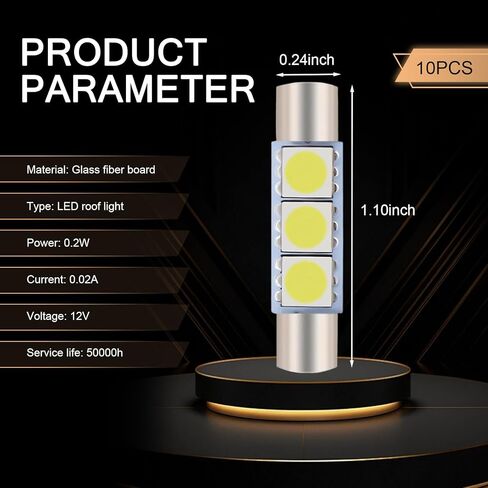 WZP 10 قطع 28 مم مصابيح LED للقراءة، 6614F/6612F 5050-3SMD 12 فولت رأس مسطح مزدوج الطرف 180 درجة لمبات الإضاءة، التوصيل والتشغيل، عالمية لأضواء حاجب الشمس للسيارة وأضواء LED الداخلية لمرآة الغرور (أبيض) in Kuwait