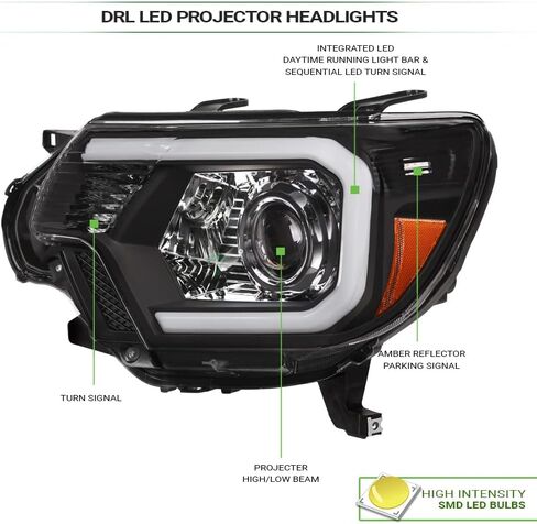 7422439477445 متوافق مع 2012-2015 Toyota Tacoma Switchback متسلسل LED شريط شريط أسود الإسكان المصابيح الأمامية لجهاز العرض مع عاكس العنبر in Saudi Arabia