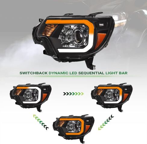 7422439477445 Compatible With 2012-2015 Toyota Tacoma Switchback Sequential LED Strip Bar Black Housing Projector Headlights With Amber Reflector in Kuwait