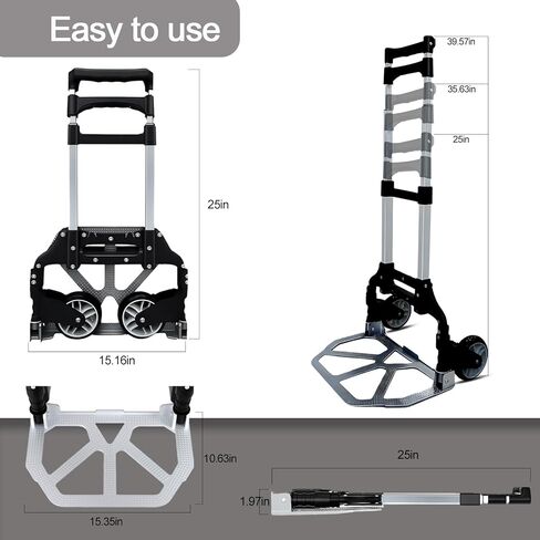 Portable Folding Dolly Cart with Wheels, Lightweight Aluminum Hand Truck with Adjustable Handle, Compact Push Pull Carrier for Boxes, Groceries, Travel, Home & Office Use 330lb in Kuwait