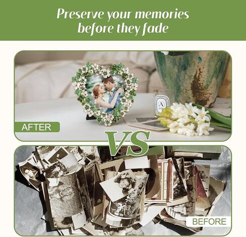 إطار صورة زهور خضراء - إطار صور على شكل قلب مقاس 4 × 4 للذكرى السنوية، هدية عرض على الطاولة in Kuwait