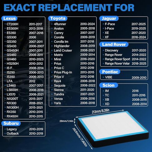 2 Pack CF10285 Cabin Air Filter w/Activated Carbon for Toyota Camry, Corolla, RAV4, Highlander, Prius, 4Runner, Sienna, Tundra, Lexus ES350, RX350 (2006-2025) – HEPA Replacement for 87139-02020 in Kuwait
