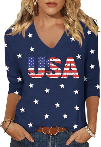 تي شيرت نسائي من Vircreate بأكمام 3/4 ورقبة على شكل حرف V قمصان الرابع من يوليو برسومات النجوم والعلم الأمريكي in Kuwait