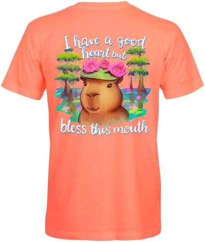 Southern Attitude Bless This Mouth Capybara Graphic T-Shirt, Bright Coral, Short Sleeve, Cotton in Kuwait