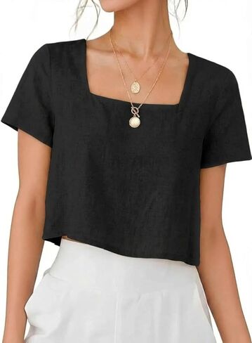 IDEALSANXUN Womens Square Neck Linen Shirts Spring Summer Short Sleeve Crop Blouse Tops in Saudi Arabia