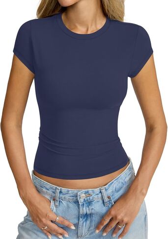 Womens Cap Sleeve Tops Crew Neck Short Sleeve Shirts Slim Fit Basic Tees Summer Outfits Clothes 2026 in Saudi Arabia