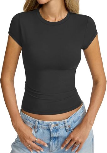 Womens Cap Sleeve Tops Crew Neck Short Sleeve Shirts Slim Fit Basic Tees Summer Outfits Clothes 2026 in Saudi Arabia