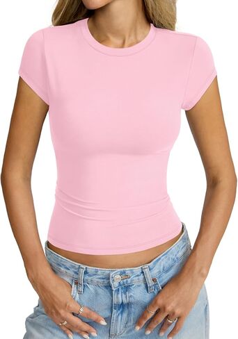 Womens Cap Sleeve Tops Crew Neck Short Sleeve Shirts Slim Fit Basic Tees Summer Outfits Clothes 2026 in Saudi Arabia