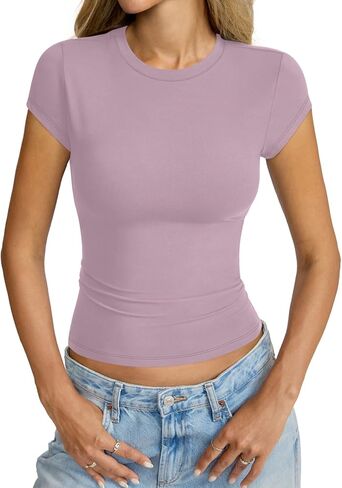 Womens Cap Sleeve Tops Crew Neck Short Sleeve Shirts Slim Fit Basic Tees Summer Outfits Clothes 2026 in Saudi Arabia