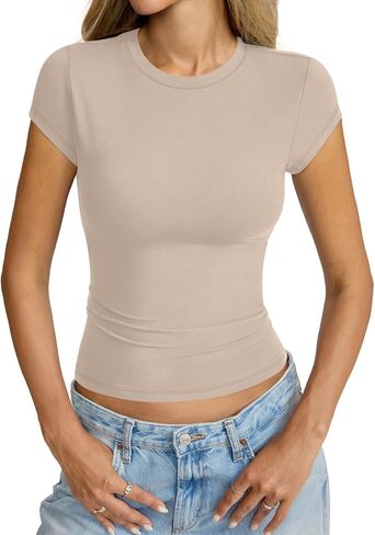 Womens Cap Sleeve Tops Crew Neck Short Sleeve Shirts Slim Fit Basic Tees Summer Outfits Clothes 2026 in Saudi Arabia