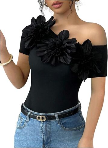 OYOANGLE Women's 3D Floral Off The Shoulder Top Short Sleeve Fitted Dressy Party Date Night Tops in Saudi Arabia