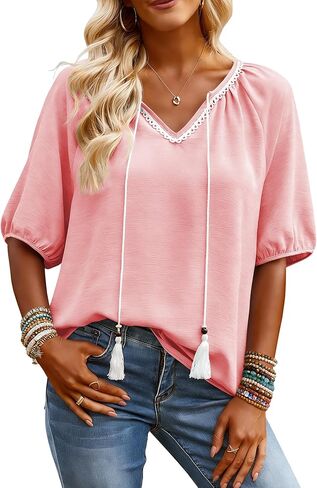 Halife Womens Flowy Boho Summer Tops Tassel Tie Front V Neck Short Sleeve Blouses Dressy Casual Loose Blouse Shirt Top in Kuwait