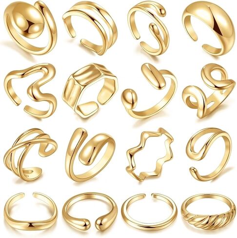 مجموعة خواتم ذهبية مكتنزة للنساء بطول 17 كيلومتر مكونة من 16 قطعة، قبة سميكة مطلية بالذهب عيار 14 قيراط حلقات مفتوحة قابلة للتكديس هدايا مجوهرات عصرية وأنيقة in Kuwait