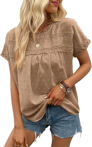 Poetsky Womens Summer Short Sleeve Lace Crochet Blouses Flowy Babydoll Dressy Casual Work Tops in Kuwait