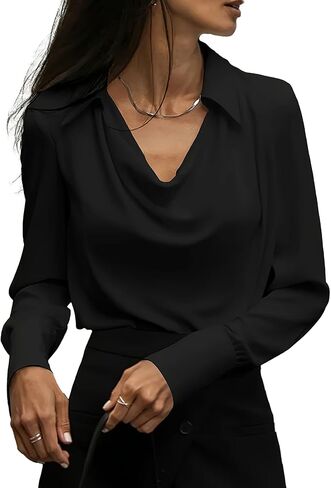 SOMTHRON Women's Elegant Satin Silk Blouse Cowl Neck Ruched Front Draped Long Sleeve Work Office Shirt Top in Saudi Arabia