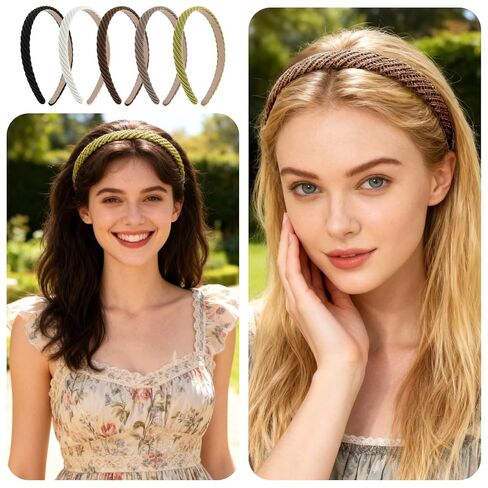 5Pcs Thin Headbands for Women Thin Knitted Hairbands Fashion Non Slip Headband Vintage Boho Head Bands for Women's Hair Cute Solid Colors Hair Accessories (Black, White, Khaki, Coffee, Yellow-green) in Kuwait
