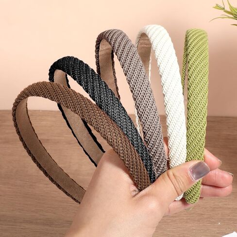 5Pcs Thin Headbands for Women Thin Knitted Hairbands Fashion Non Slip Headband Vintage Boho Head Bands for Women's Hair Cute Solid Colors Hair Accessories (Black, White, Khaki, Coffee, Yellow-green) in Kuwait