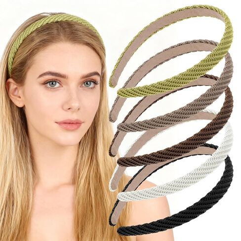 5Pcs Thin Headbands for Women Thin Knitted Hairbands Fashion Non Slip Headband Vintage Boho Head Bands for Women's Hair Cute Solid Colors Hair Accessories (Black, White, Khaki, Coffee, Yellow-green) in Kuwait