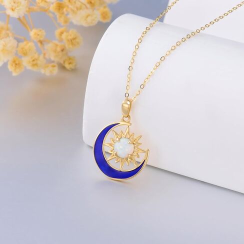 YDD 14K Solid Gold Sun and Moon Necklace for Women Opal Sun Necklace Gold Crescent Moon Pendant Necklace Opal Jewelry Gifts for Her 16"-18" in Kuwait