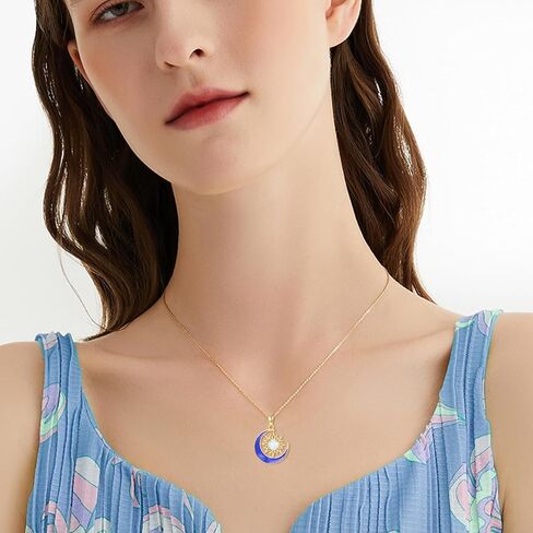 YDD 14K Solid Gold Sun and Moon Necklace for Women Opal Sun Necklace Gold Crescent Moon Pendant Necklace Opal Jewelry Gifts for Her 16"-18" in Kuwait