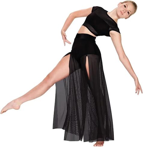 Lyrical Dance Costume Modern Ballet Dance For Women Mesh Top Wide Leg Pants Attached 2 Piece Lyrical Outfits Ballerina Girl Stage Costume(Black,MA) in Kuwait