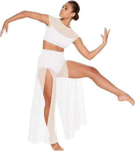 Lyrical Dance Costume Modern Ballet Dance For Women Mesh Top Wide Leg Pants Attached 2 Piece Lyrical Outfits Ballerina Girl Stage Costume(Black,MA) in Kuwait