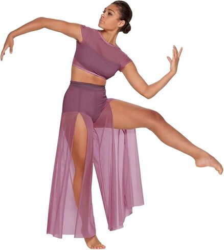 Lyrical Dance Costume Modern Ballet Dance For Women Mesh Top Wide Leg Pants Attached 2 Piece Lyrical Outfits Ballerina Girl Stage Costume(Black,MA) in Kuwait