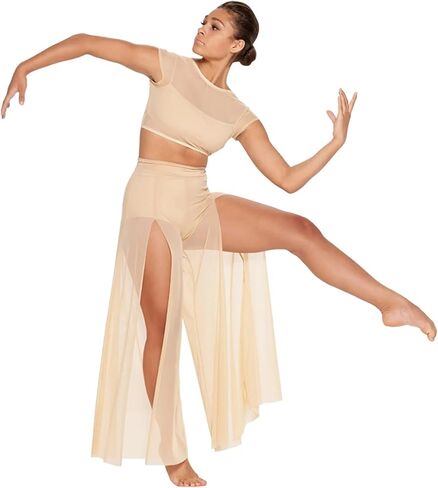 Lyrical Dance Costume Modern Ballet Dance For Women Mesh Top Wide Leg Pants Attached 2 Piece Lyrical Outfits Ballerina Girl Stage Costume(Black,MA) in Kuwait