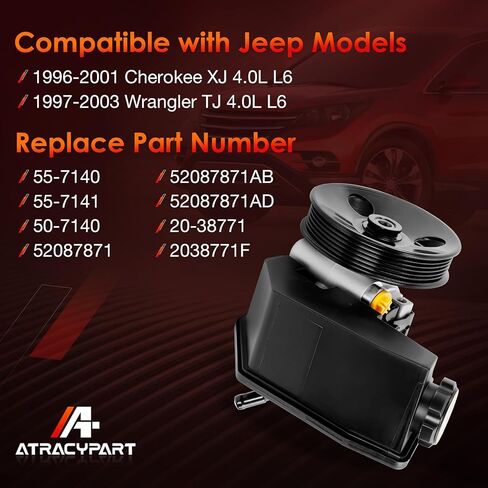 Power Steering Pump, with Pulley and Reservoir, Compatible with 1996-2001 Jeep Cherokee XJ,1997-2003 Wrangler TJ, 4.0L L6 Engine, Replaces #20-38771, 52087871, 55-7141, 50-7140 in Saudi Arabia