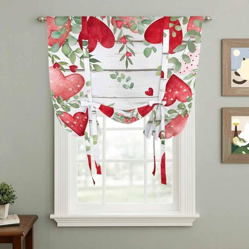 Valentines Love Heart Tie Up Curtains for Window, Eucalyptus Red Love Heart Retro Thermal Insulated Balloon Shade Adjustable Rod Pocket Curtains Valance Panels for Kitchen Bathroom Café 42'' x 54'' in Saudi Arabia