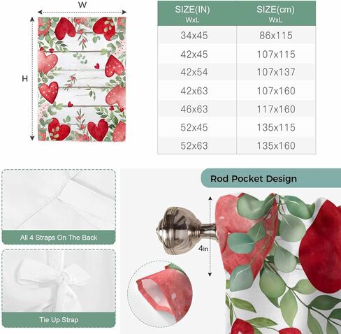 Valentines Love Heart Tie Up Curtains for Window, Eucalyptus Red Love Heart Retro Thermal Insulated Balloon Shade Adjustable Rod Pocket Curtains Valance Panels for Kitchen Bathroom Café 42'' x 54'' in Saudi Arabia