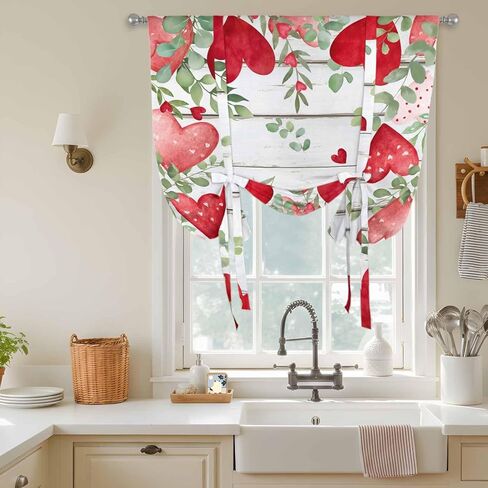 Valentines Love Heart Tie Up Curtains for Window, Eucalyptus Red Love Heart Retro Thermal Insulated Balloon Shade Adjustable Rod Pocket Curtains Valance Panels for Kitchen Bathroom Café 42'' x 54'' in Saudi Arabia
