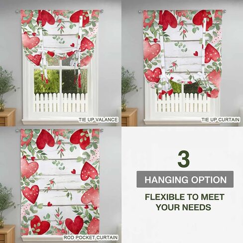 Valentines Love Heart Tie Up Curtains for Window, Eucalyptus Red Love Heart Retro Thermal Insulated Balloon Shade Adjustable Rod Pocket Curtains Valance Panels for Kitchen Bathroom Café 42'' x 54'' in Saudi Arabia