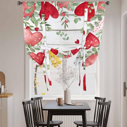 Valentines Love Heart Tie Up Curtains for Window, Eucalyptus Red Love Heart Retro Thermal Insulated Balloon Shade Adjustable Rod Pocket Curtains Valance Panels for Kitchen Bathroom Café 42'' x 54'' in Saudi Arabia