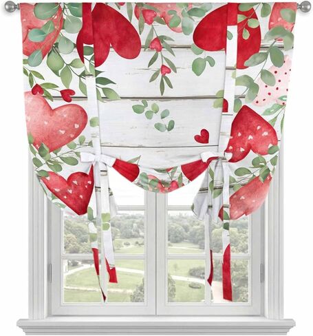 Valentines Love Heart Tie Up Curtains for Window, Eucalyptus Red Love Heart Retro Thermal Insulated Balloon Shade Adjustable Rod Pocket Curtains Valance Panels for Kitchen Bathroom Café 42'' x 54'' in Saudi Arabia