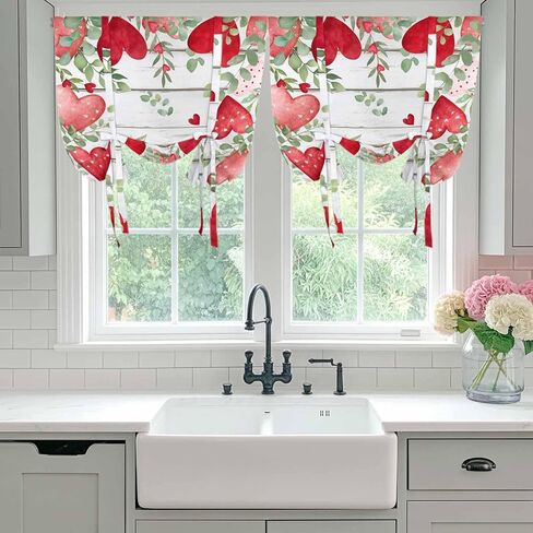 Valentines Love Heart Tie Up Curtains for Window, Eucalyptus Red Love Heart Retro Thermal Insulated Balloon Shade Adjustable Rod Pocket Curtains Valance Panels for Kitchen Bathroom Café 42'' x 54'' in Saudi Arabia