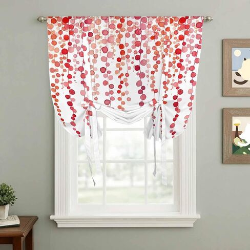 Red Polka Dots Tie Up Curtains for Window, Vintage Abstract Art Watercolor Thermal Insulated Balloon Shade Adjustable Rod Pocket Curtains Valance Panels for Kitchen Bathroom Café 34'' x 45'' in Saudi Arabia