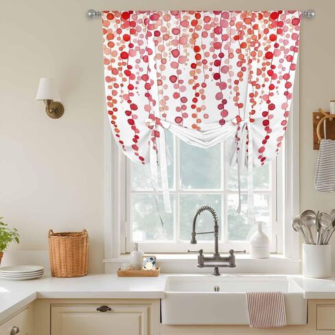 Red Polka Dots Tie Up Curtains for Window, Vintage Abstract Art Watercolor Thermal Insulated Balloon Shade Adjustable Rod Pocket Curtains Valance Panels for Kitchen Bathroom Café 34'' x 45'' in Saudi Arabia