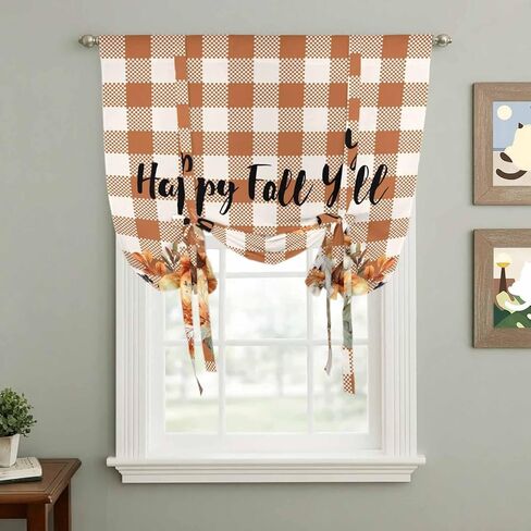 Thanksgiving Pumpkins Tie Up Curtains for Window, Fall Harvest Botanical Floral Plaid Thermal Balloon Shade Adjustable Rod Pocket Curtains Valance Panels for Kitchen Bathroom Café 52'' x 45'' in Saudi Arabia